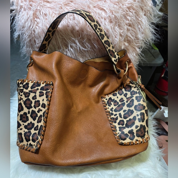 None Handbags - Leopard Accent Tan Leather Tote